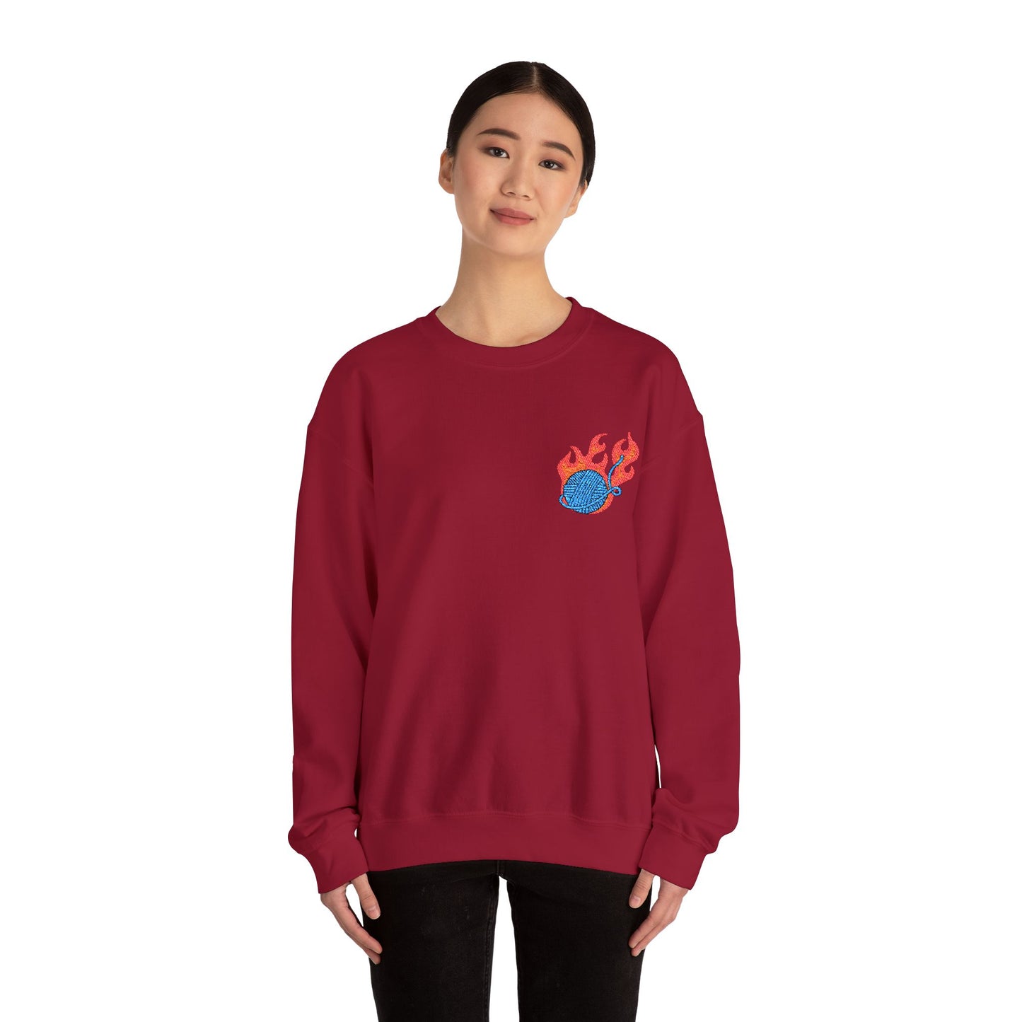 Great Balls Of Fire Crewneck Sweatshirt – Flaming Blue Yarn Ball Graphic