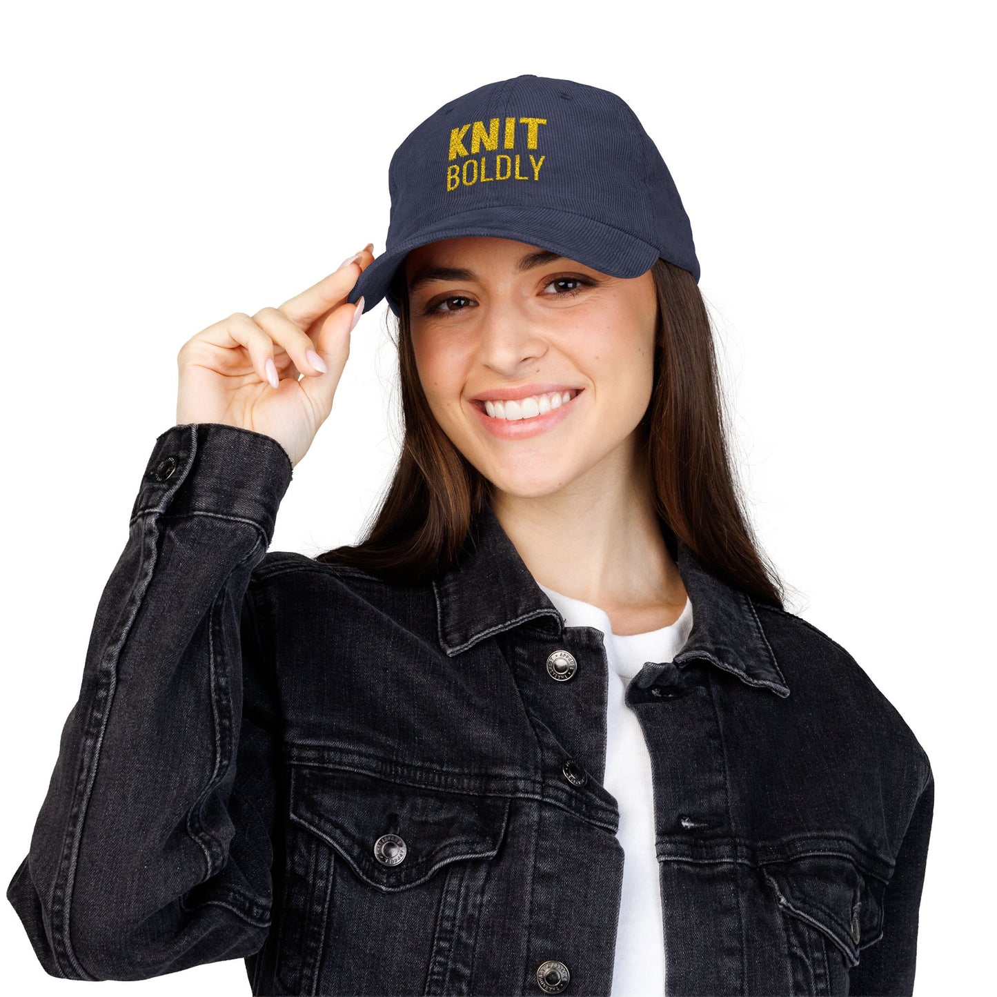 Knit Boldly Corduroy Cap — Embroidered Navy Cotton Baseball Hat