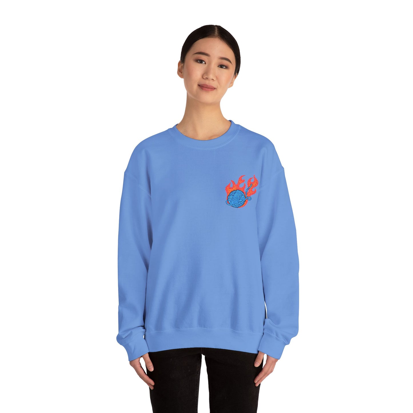 Great Balls Of Fire Crewneck Sweatshirt – Flaming Blue Yarn Ball Graphic