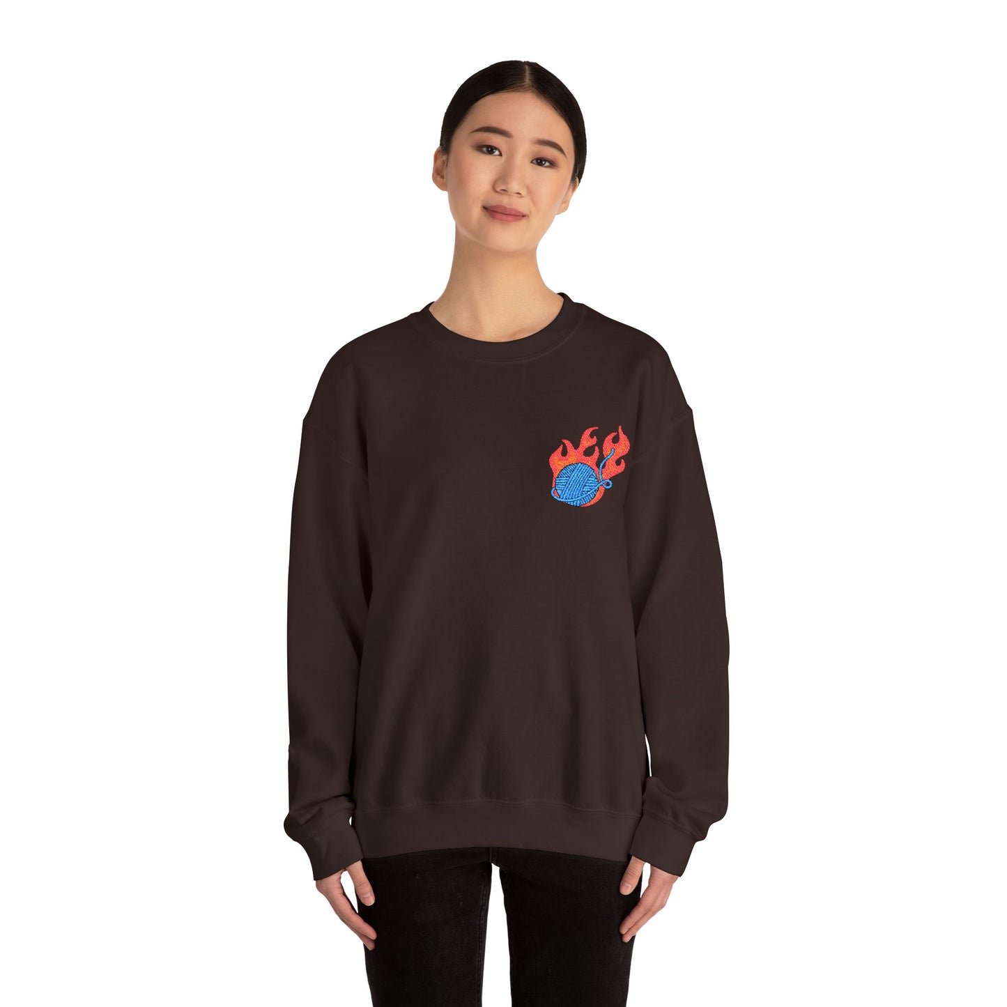 Great Balls Of Fire Crewneck Sweatshirt – Flaming Blue Yarn Ball Graphic