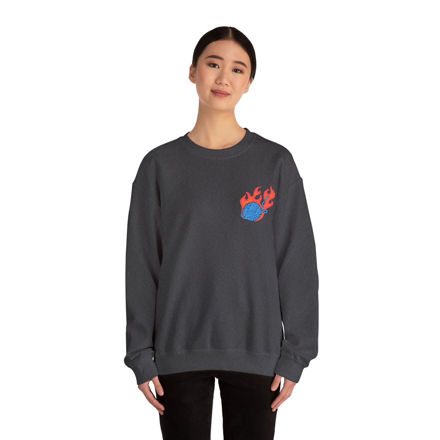 Great Balls Of Fire Crewneck Sweatshirt – Flaming Blue Yarn Ball Graphic
