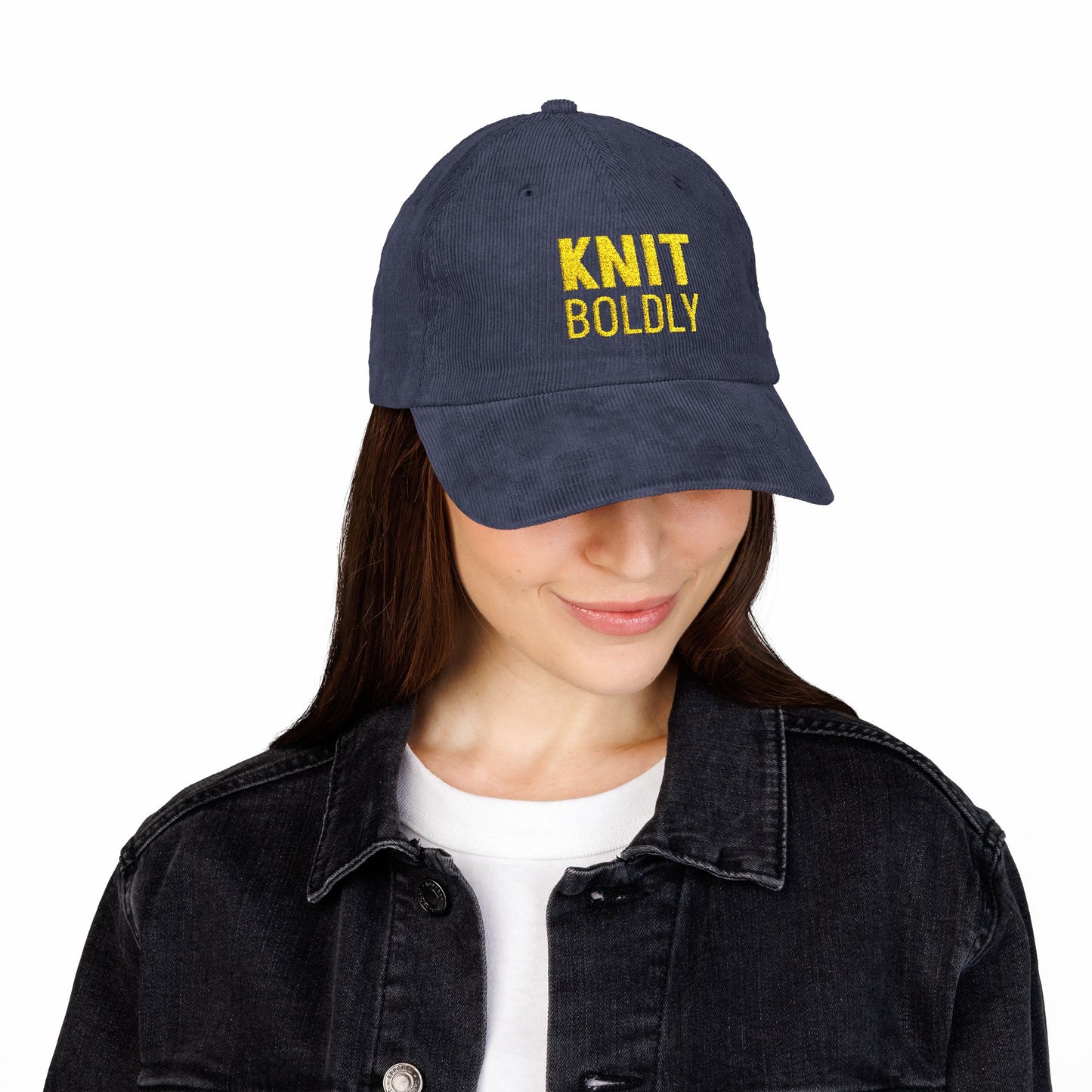 Knit Boldly Corduroy Cap — Embroidered Navy Cotton Baseball Hat