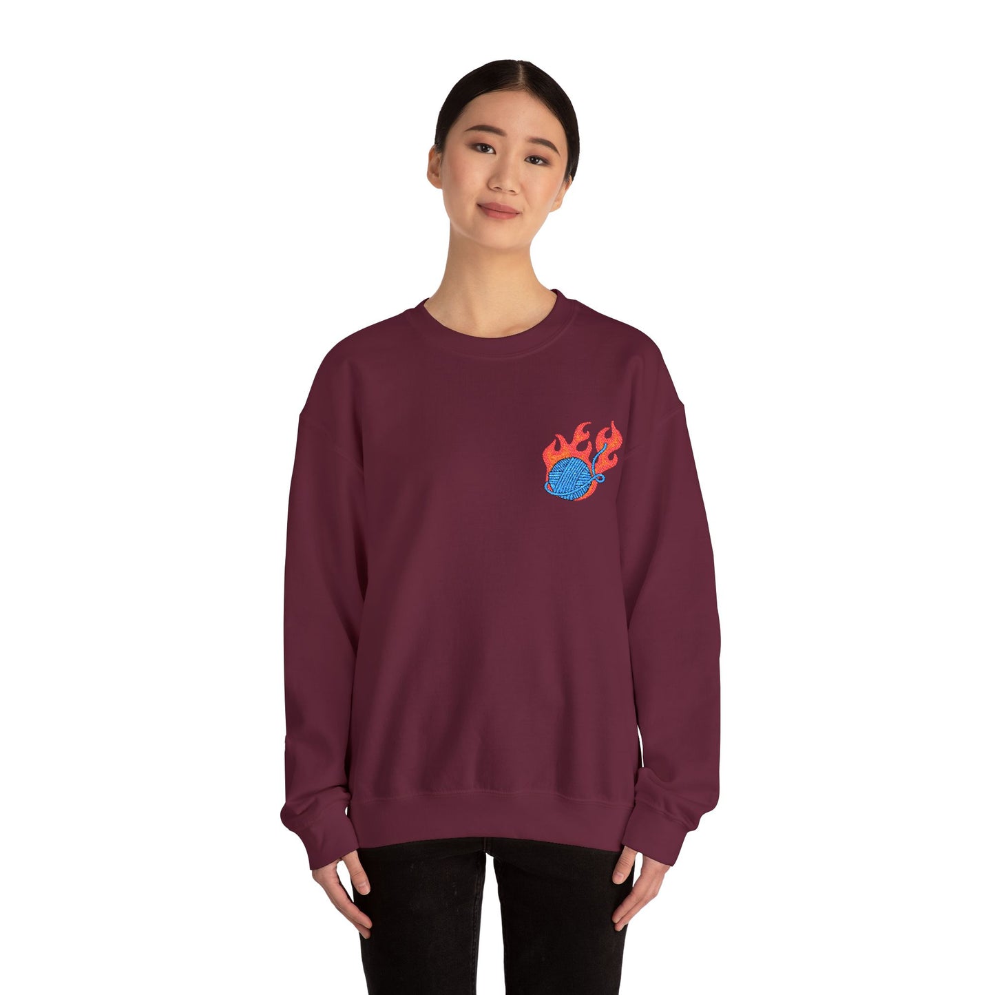 Great Balls Of Fire Crewneck Sweatshirt – Flaming Blue Yarn Ball Graphic