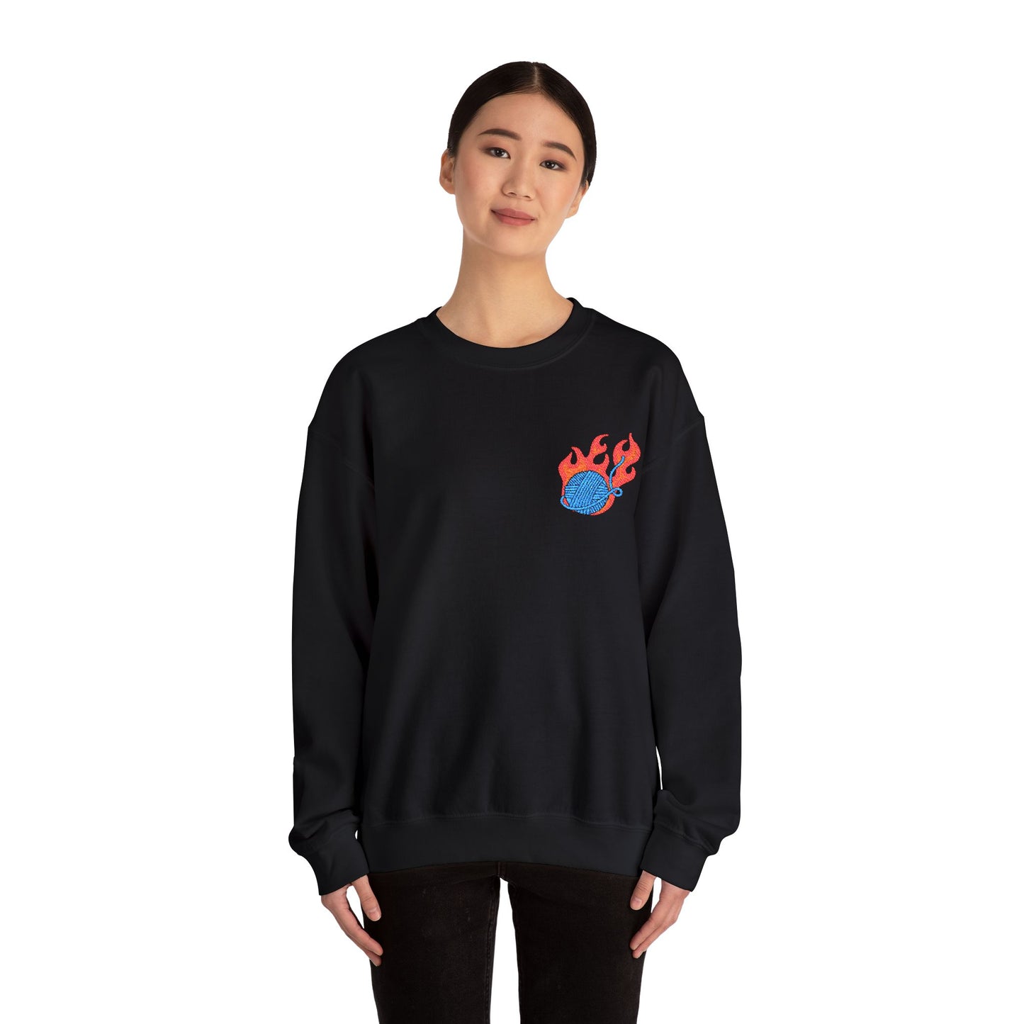 Great Balls Of Fire Crewneck Sweatshirt – Flaming Blue Yarn Ball Graphic