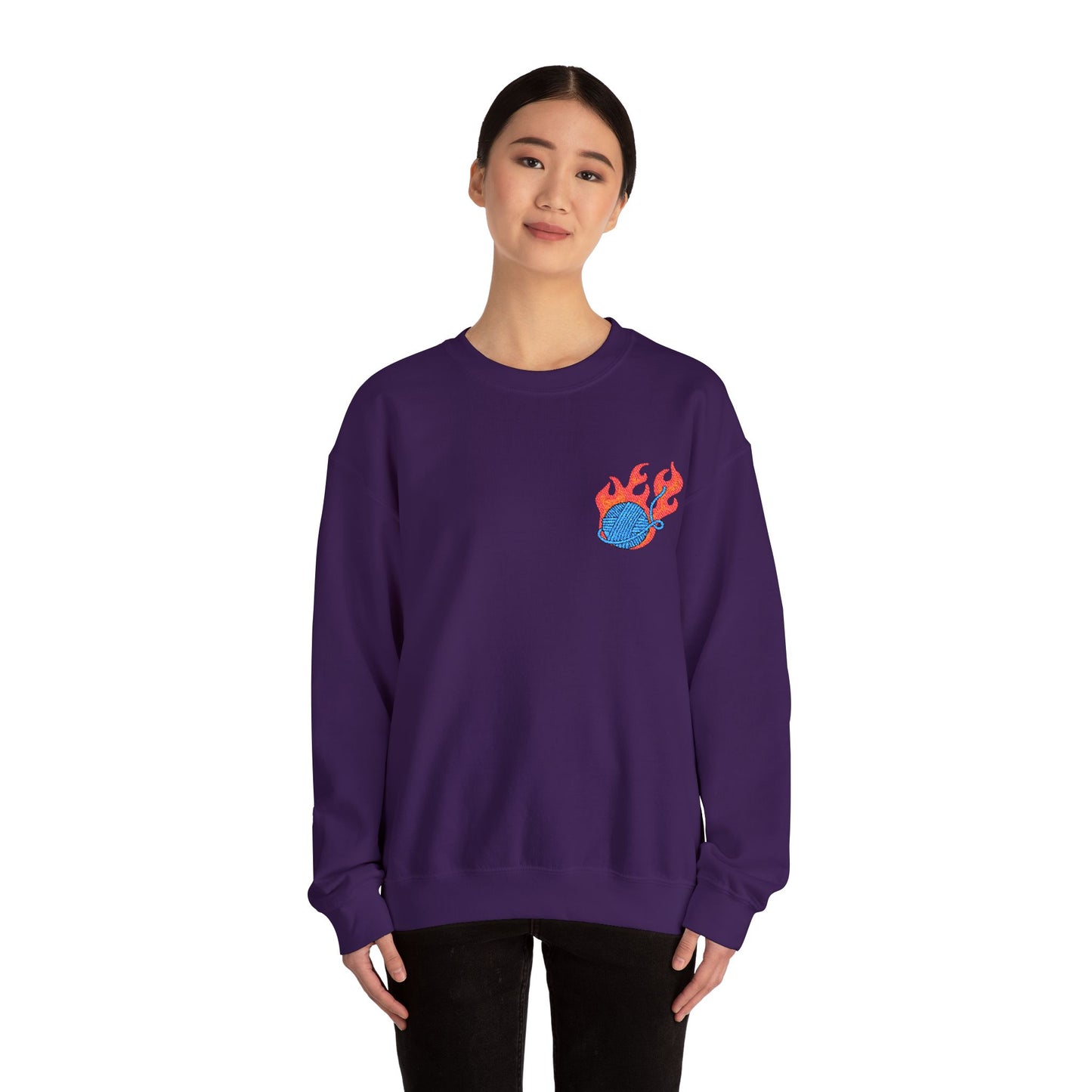 Great Balls Of Fire Crewneck Sweatshirt – Flaming Blue Yarn Ball Graphic