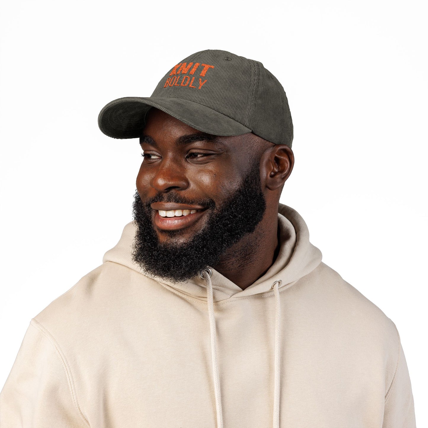 Knit Boldly Corduroy Cap —  Olive Embroidered Cotton Baseball Hat