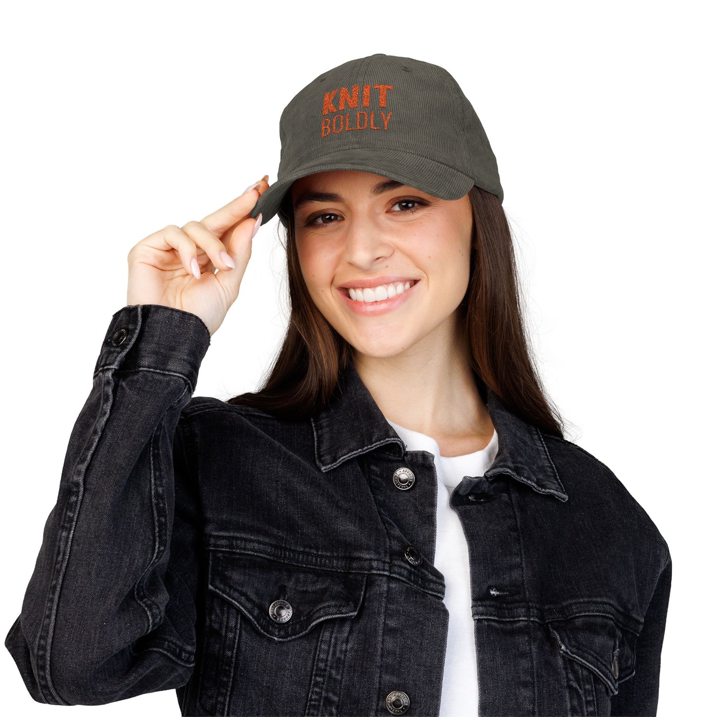 Knit Boldly Corduroy Cap —  Olive Embroidered Cotton Baseball Hat