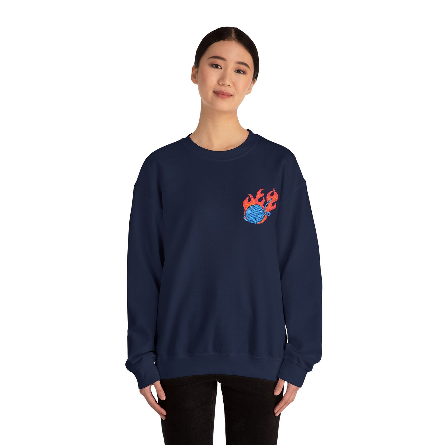 Great Balls Of Fire Crewneck Sweatshirt – Flaming Blue Yarn Ball Graphic