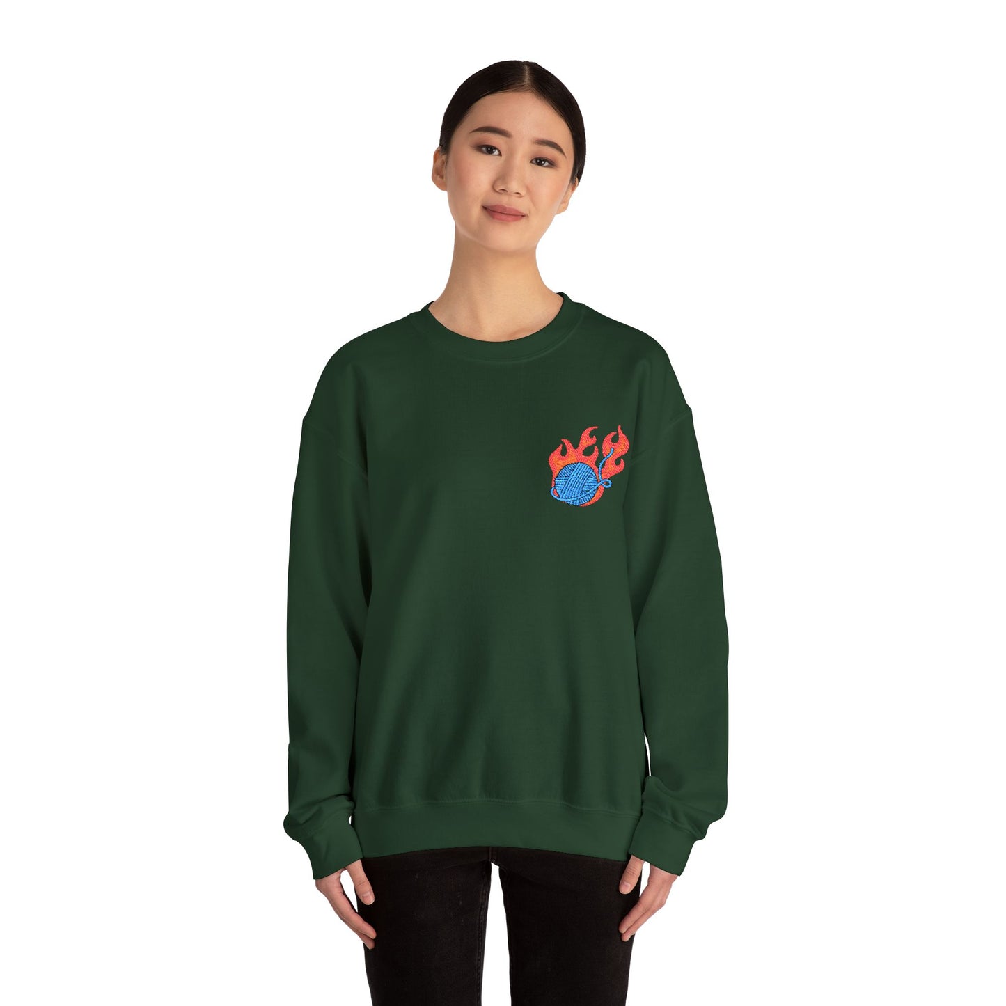 Great Balls Of Fire Crewneck Sweatshirt – Flaming Blue Yarn Ball Graphic