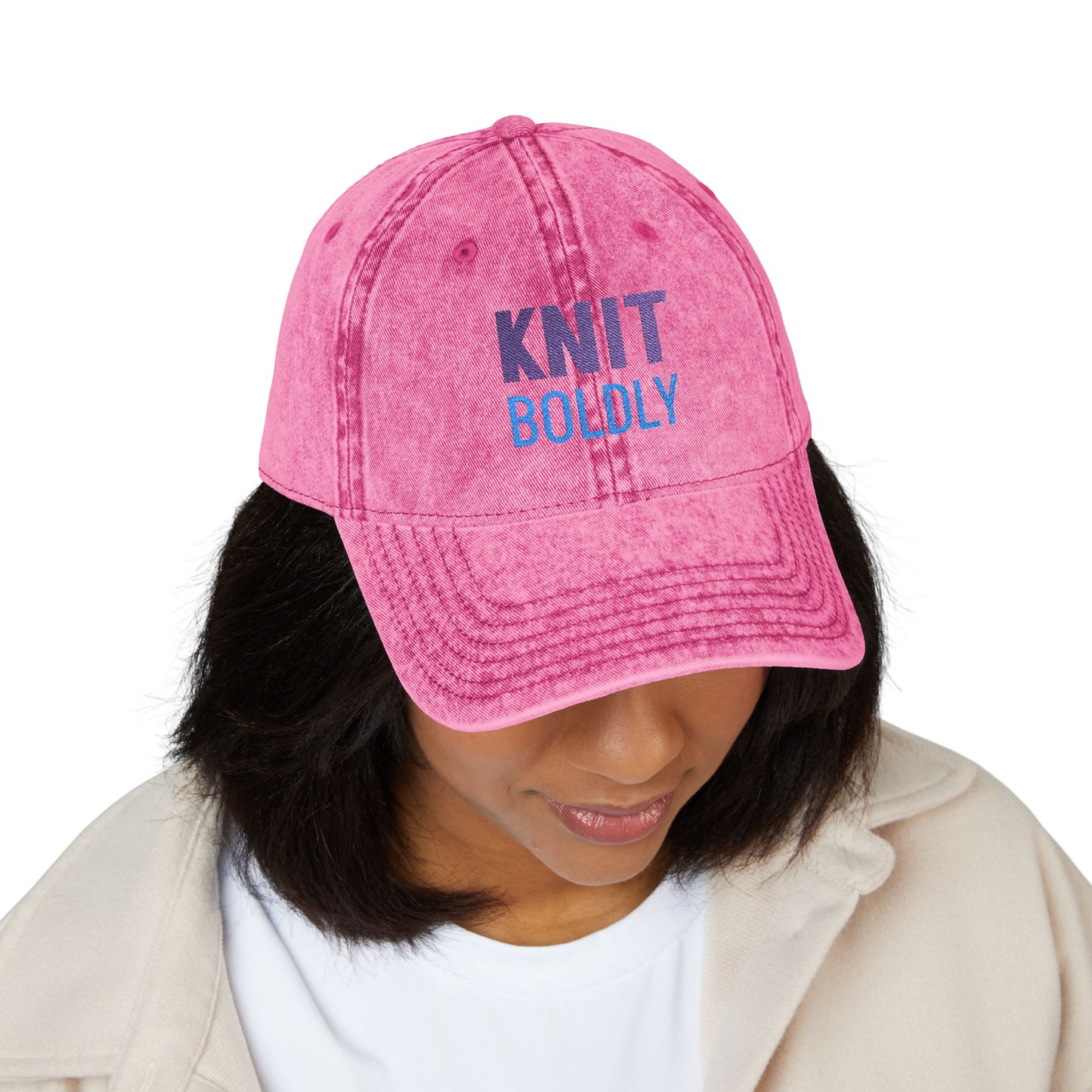 Knit Boldly Embroidered Pink Acid Wash Cap