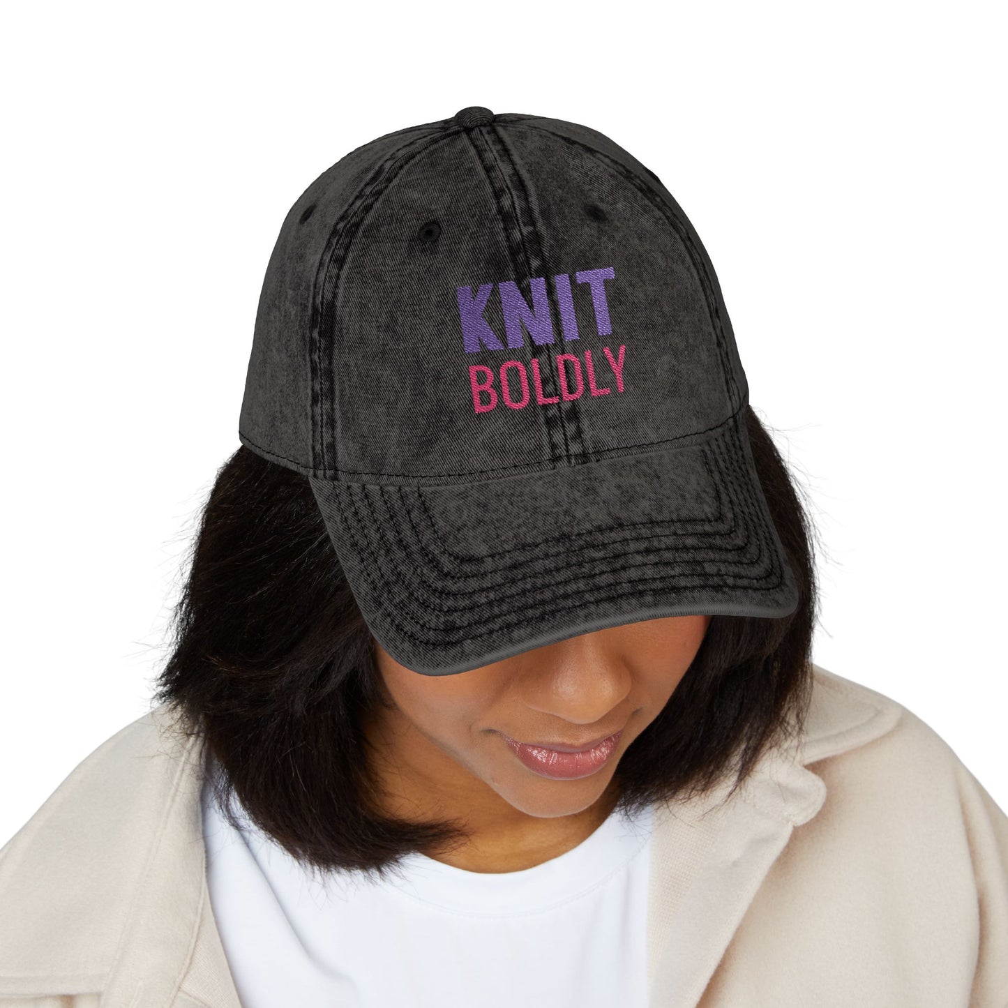 Knit Boldly Embroidered Black Acid Wash Cap