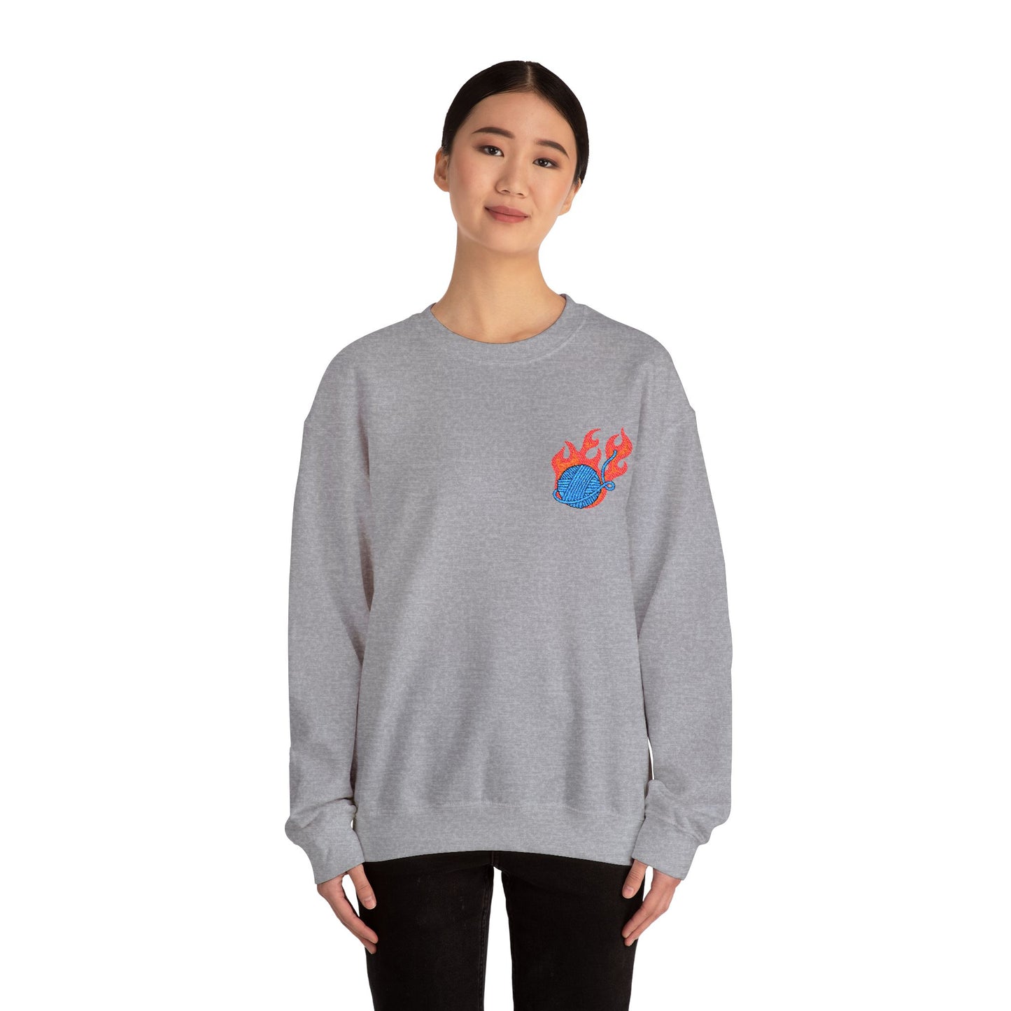 Great Balls Of Fire Crewneck Sweatshirt – Flaming Blue Yarn Ball Graphic