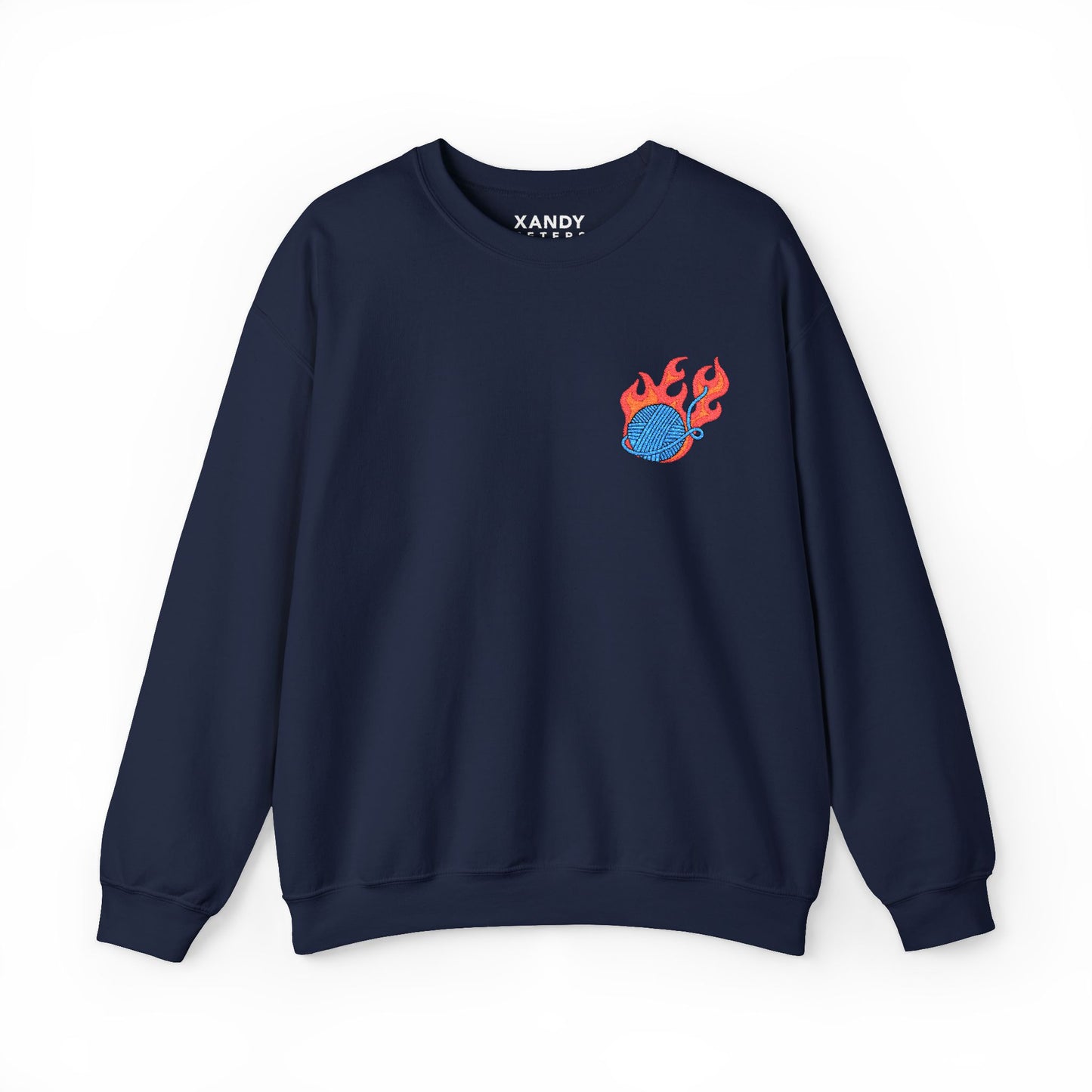 Great Balls Of Fire Crewneck Sweatshirt – Flaming Blue Yarn Ball Graphic
