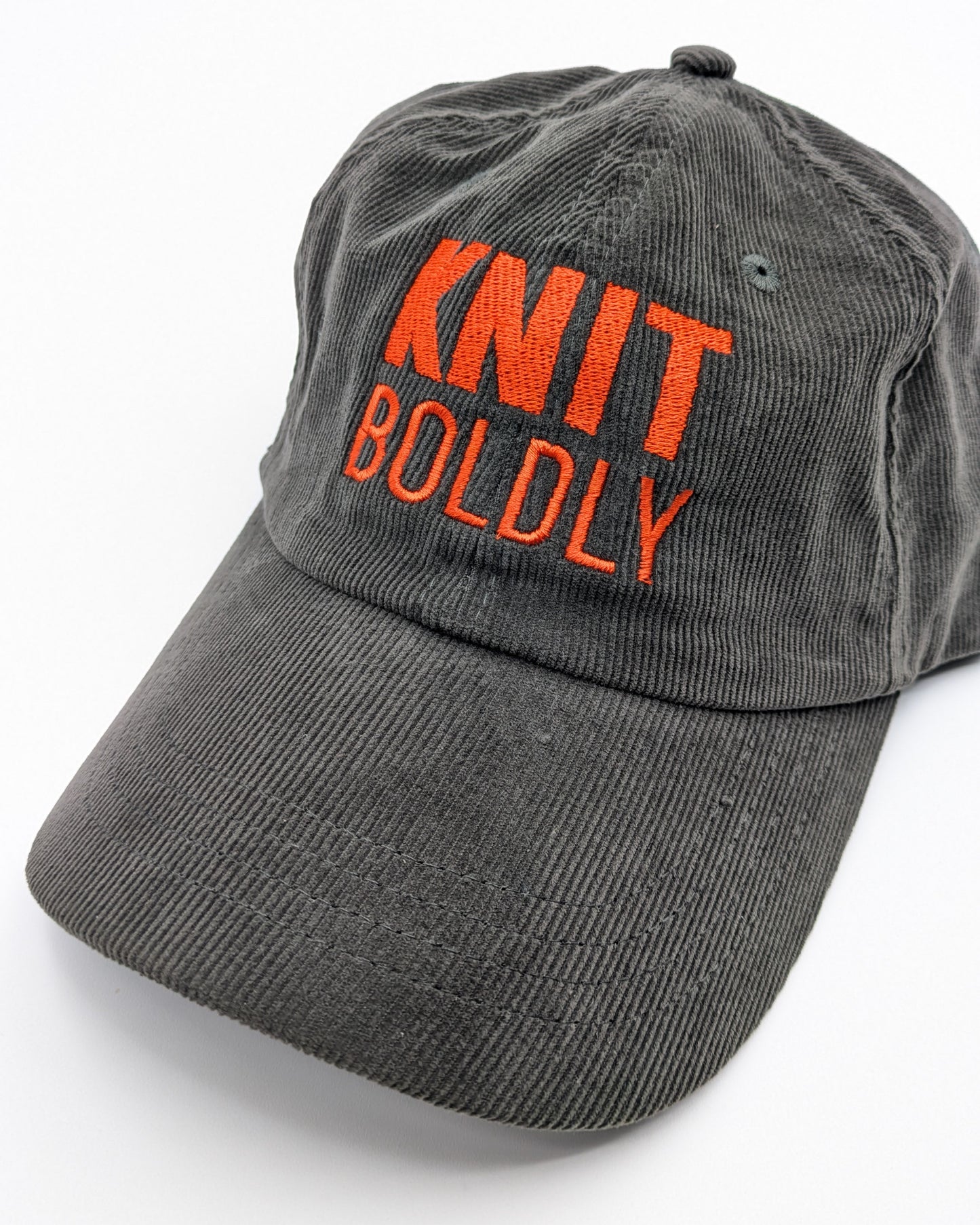 Knit Boldly Corduroy Cap —  Olive Embroidered Cotton Baseball Hat